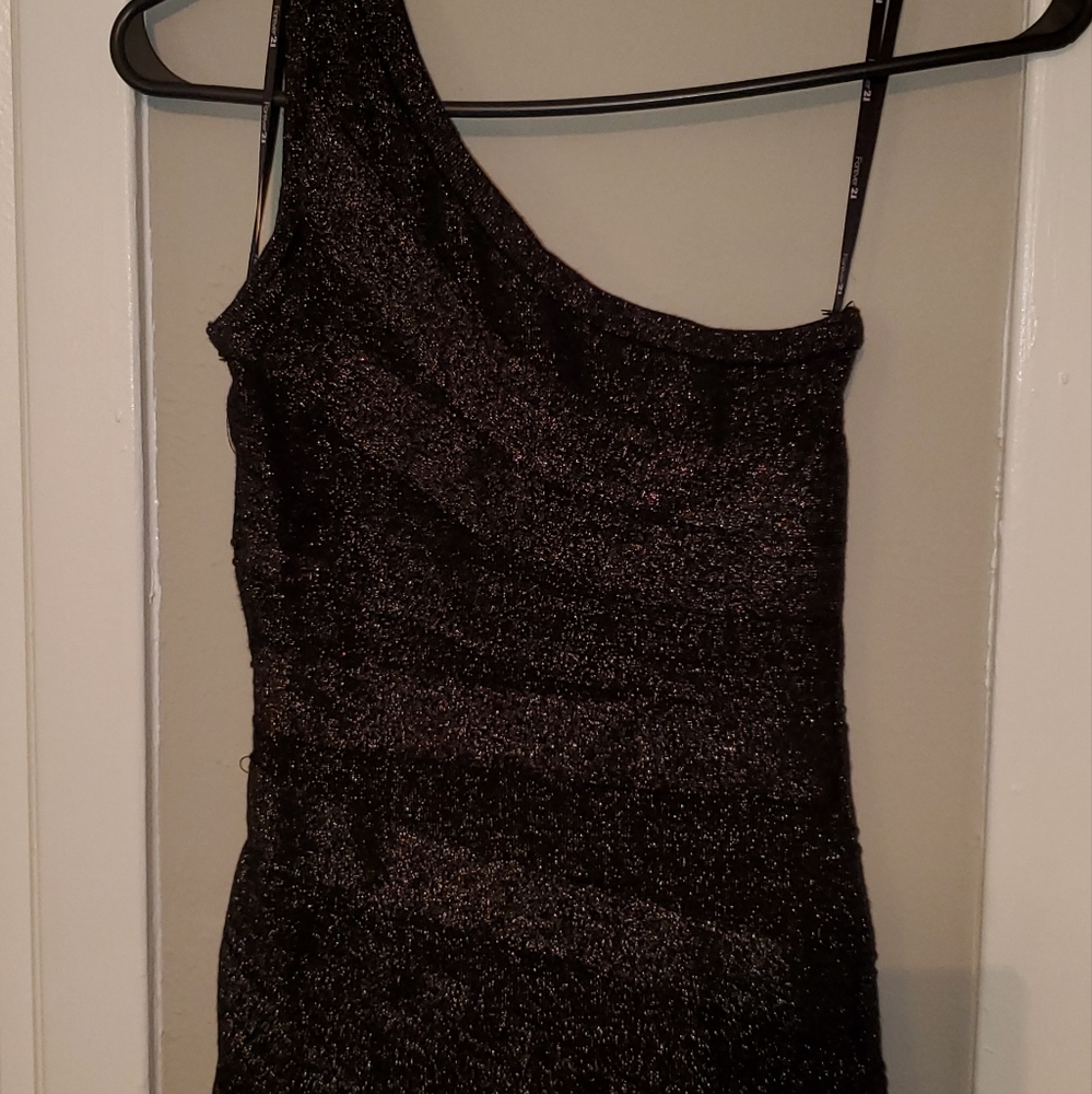 Forever 21 Black ,silver metallic One Shoulder Bodycon Dress ,Small.